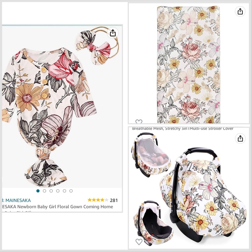Floral bundle!! Knotted gown, changing pad cover, car seat cover